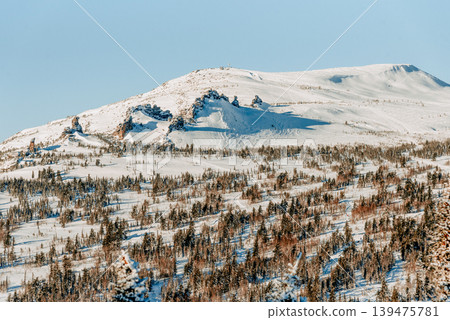 Landscape of snowy Sheregesh mountains, mountain range haze winter Bird eye view Landscape of snowy Sheregesh mountains, mountain range haze winter Bird eye view 139475781