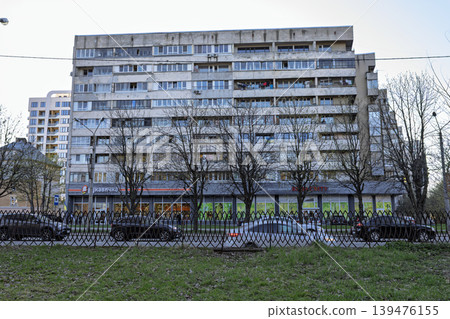 Soviet-Era Apartment Buildings and Local Shops in Lviv, Ukraine 139476155