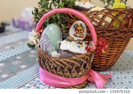 Decorated Easter Basket for Children with Bunny Cookie and Paska Decorated Easter Basket for Children with Bunny Cookie and Paska 139476168