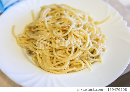 Spaghetti Pasta with Creamy Sauce on a White Plate Spaghetti Pasta with Creamy Sauce on a White Plate 139476208