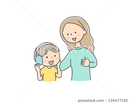 A mother comforting her child wearing earmuffs. A mother comforting her child wearing earmuffs. 139477195