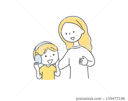 A mother snuggling up to her child, who is comforted by earmuffs (monochrome). A mother snuggling up to her child, who is comforted by earmuffs (monochrome). 139477196