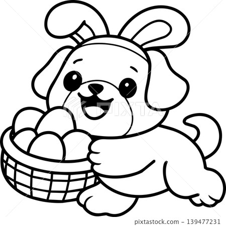 Cute dog bunny ears Easter basket eggs cartoon happy black and white outline Cute dog bunny ears Easter basket eggs cartoon happy black and white outline 139477231