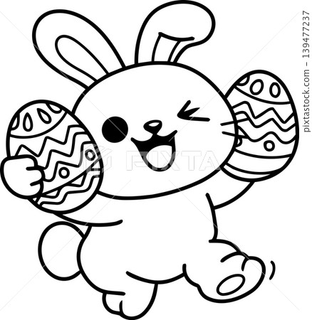 Happy bunny holding Easter eggs, cheerful cartoon rabbit with decorated eggs, joyful celebration 139477237