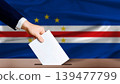 Hand placing a ballot in ballot box with the Cape Verdean flag in the background. Cape Verde Parliamentary vote 2026 139477799