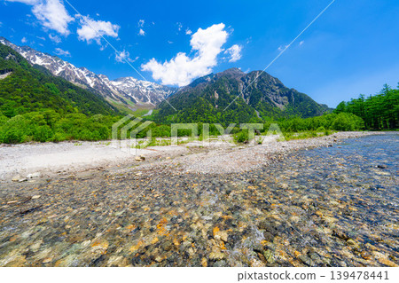 [Spectacular Scenery] Early Summer in Kamikochi: The lush greenery of the Hotaka mountain range and the Azusa River [Nagano Prefecture] 139478441