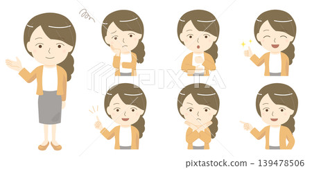 一組女性(母親)的臉部表情和姿勢。 一組女性(母親)的臉部表情和姿勢。 139478506