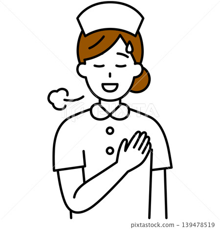 A female nurse puts her hand on her chest and looks relieved. A female nurse puts her hand on her chest and looks relieved. 139478519