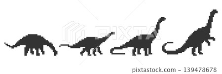 Pixel art Apatosaurus silhouette set in various walking poses. Retro 8-bit long-neck dinosaur graphics for games, educational content, and prehistoric themed designs. Vector illustration. Pixel art Apatosaurus silhouette set in various walking poses. Retro 8-bit long-neck dinosaur graphics for games, educational content, and prehistoric themed designs. Vector illustration. 139478678