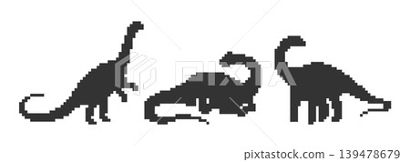 Pixel art Apatosaurus silhouette set in various walking poses. Retro 8-bit long-neck dinosaur graphics for games, educational content, and prehistoric themed designs. Vector illustration. Pixel art Apatosaurus silhouette set in various walking poses. Retro 8-bit long-neck dinosaur graphics for games, educational content, and prehistoric themed designs. Vector illustration. 139478679