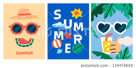 Summer mini card set with cute sun and lemonade Naive collage style vector 139478684