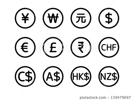 World Currencies Icons - Money - Simple - Black and White - Vector Illustration World Currencies Icons - Money - Simple - Black and White - Vector Illustration 139479097