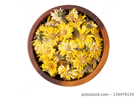 Dried Chrysanthemum flower tea in wooden bowl isolated on white background, Top view Dried Chrysanthemum flower tea in wooden bowl isolated on white background, Top view 139479159