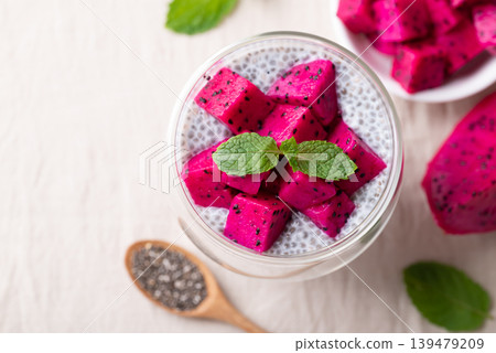 Chia pudding topped with fresh dragon fruit in a glass, Healthy eating 139479209