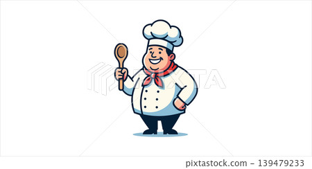 Cartoon chef with spoon and chef hat, the character is standing and smiling Cartoon chef with spoon and chef hat, the character is standing and smiling 139479233