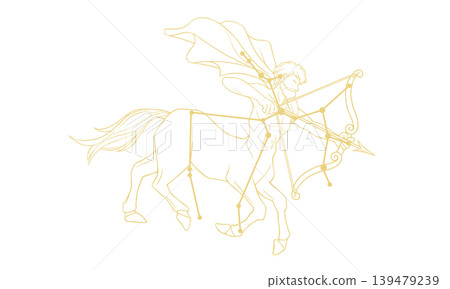射手座的線條畫插圖（半人馬的圖片、星座線條，以及只有金色線條，沒有著色）。 139479239