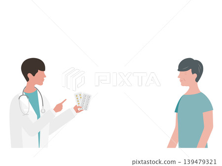 Vector illustration of a doctor explaining medication to an elderly man. Vector illustration of a doctor explaining medication to an elderly man. 139479321