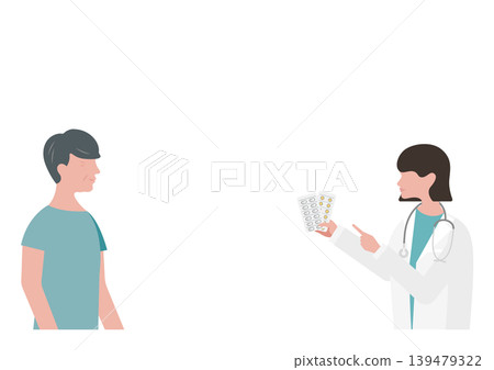 向量圖,描繪了一位女醫生向一位老年男性解釋用藥方法。 向量圖,描繪了一位女醫生向一位老年男性解釋用藥方法。 139479322