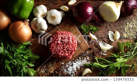 Preparing raw ground beef patties with fresh ingredients and spices Preparing raw ground beef patties with fresh ingredients and spices 139479353