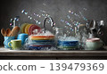 Kitchen sink full of colorful dishes and bubbles 139479369