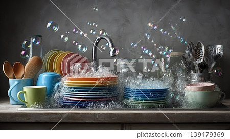 Kitchen sink full of colorful dishes and bubbles Kitchen sink full of colorful dishes and bubbles 139479369