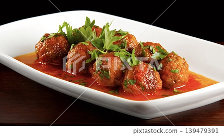 Plateful of meatballs with tomato sauce and fresh parsley 139479391