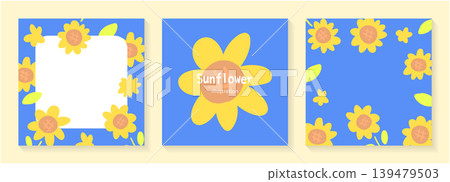 A set of illustrations for a summer-themed square card and frame featuring sunflowers on a blue background. A set of illustrations for a summer-themed square card and frame featuring sunflowers on a blue background. 139479503