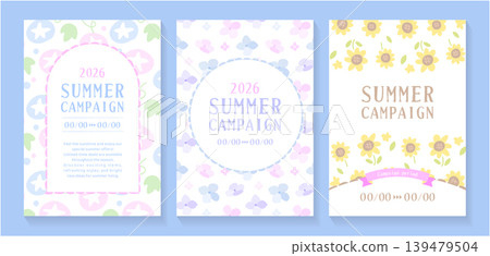 A vertical template set for a summer campaign featuring pastel-colored morning glories, hydrangeas, and sunflowers. A vertical template set for a summer campaign featuring pastel-colored morning glories, hydrangeas, and sunflowers. 139479504