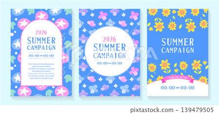 A vibrant vertical template set for summer campaigns featuring morning glories, hydrangeas, and sunflowers against a blue background. A vibrant vertical template set for summer campaigns featuring morning glories, hydrangeas, and sunflowers against a blue background. 139479505