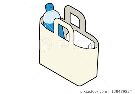 An illustration of a natural-colored tote bag containing a plastic bottle and a towel. An illustration of a natural-colored tote bag containing a plastic bottle and a towel. 139479834