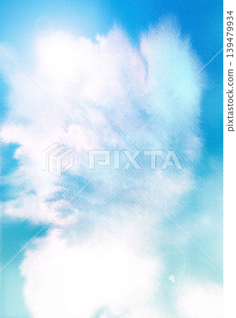 A refreshing watercolor-style blue sky and clouds, with the sun in the upper left. 139479934