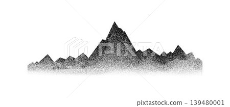 Grain stippled mountain range illustration. Black and white textured mount peaks. Dotted landscape terrain silhouette. Noise grain hill chain in dotwork style. Vector grunge mountain ridge background Grain stippled mountain range illustration. Black and white textured mount peaks. Dotted landscape terrain silhouette. Noise grain hill chain in dotwork style. Vector grunge mountain ridge background 139480001