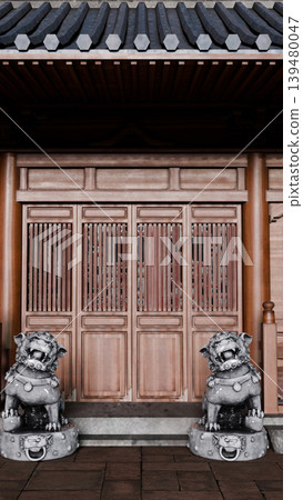 Ancient Chinese traditional red wooden door with golden pattern and stone lion statues in front of a dark oriental wall. Ancient Chinese traditional red wooden door with golden pattern and stone lion statues in front of a dark oriental wall. 139480047