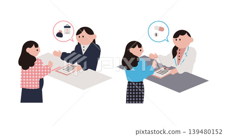 一組插圖,描繪了一位女士在接待處領取處方和一位孕婦。 一組插圖,描繪了一位女士在接待處領取處方和一位孕婦。 139480152
