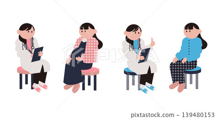 一組插圖,分別描繪了一位女士諮詢醫生和一位孕婦。 一組插圖,分別描繪了一位女士諮詢醫生和一位孕婦。 139480153