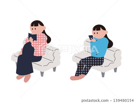 一組插圖,描繪了一位坐在沙發上的女士和一位孕婦。 一組插圖,描繪了一位坐在沙發上的女士和一位孕婦。 139480154