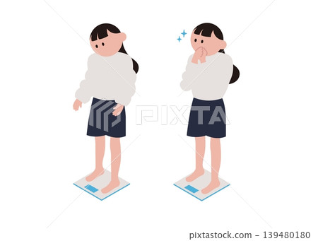 一組插圖，描繪了一位女士愉快地走上體重計的情景。 139480180