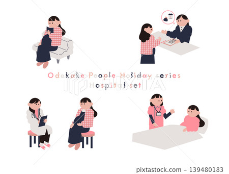 A set of illustrations of pregnant women visiting a hospital. A set of illustrations of pregnant women visiting a hospital. 139480183