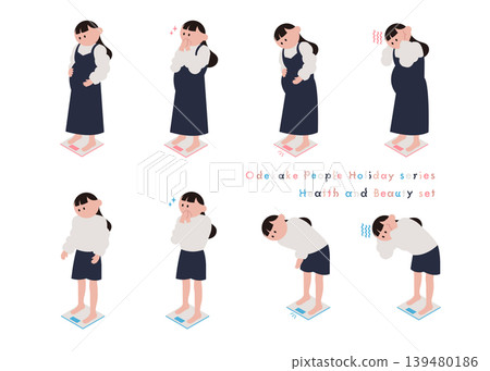 A set of illustrations of a woman and a pregnant woman standing on a scale. A set of illustrations of a woman and a pregnant woman standing on a scale. 139480186