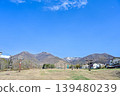 Image of a ski resort in the green season against a blue sky background. 139480239