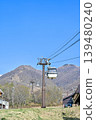Image of a ski resort in the green season against a blue sky background. 139480240