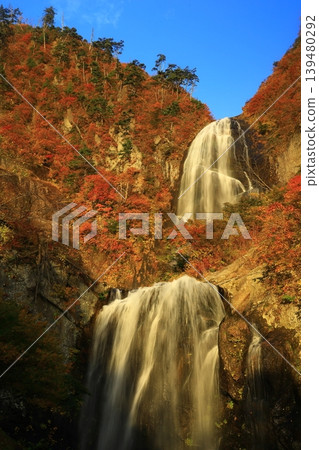 Autumn leaves shining against the blue sky at the waterfall Autumn leaves shining against the blue sky at the waterfall 139480292