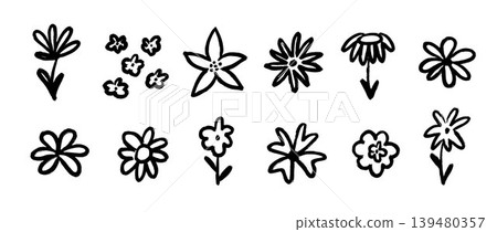 Hand drawn doodle flowers set. Black brush stroke flower drawing collection. Naive crayon floral sketch bundle. Kid pastel or chalk scribble elements. Playful spring and summer childish pack. Vector Hand drawn doodle flowers set. Black brush stroke flower drawing collection. Naive crayon floral sketch bundle. Kid pastel or chalk scribble elements. Playful spring and summer childish pack. Vector 139480357