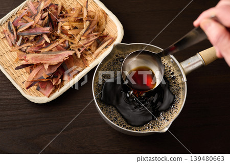 用湯匙舀取蕎麥麵沾醬。 用湯匙舀取蕎麥麵沾醬。 139480663