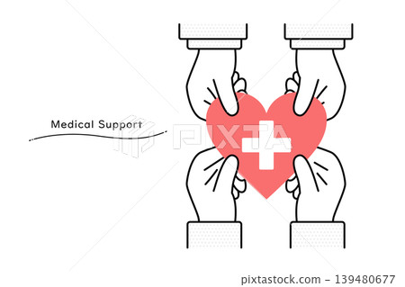 An illustration of a doctor's hand handing over a heart with a cross mark and a patient's hand receiving it—an image of medical support. An illustration of a doctor's hand handing over a heart with a cross mark and a patient's hand receiving it—an image of medical support. 139480677