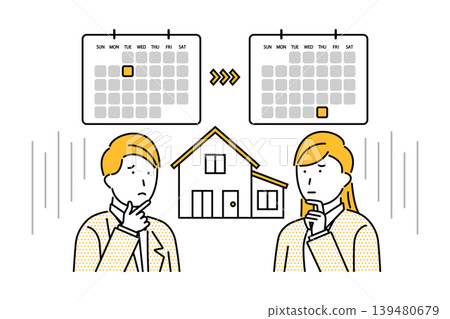 An illustration depicting a young couple worried because the handover of their new home is delayed due to a shortage of building materials. An illustration depicting a young couple worried because the handover of their new home is delayed due to a shortage of building materials. 139480679