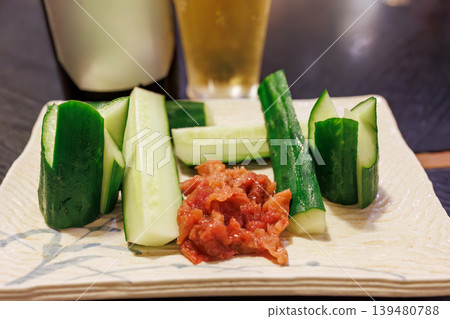 Beautifully cut cucumber with miso paste. Perfect with beer. Inatori, Higashiizu Town, Izu Peninsula Beautifully cut cucumber with miso paste. Perfect with beer. Inatori, Higashiizu Town, Izu Peninsula 139480788