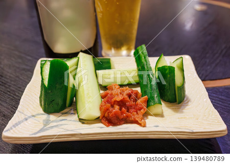 Beautifully cut cucumber with miso paste. Perfect with beer. Inatori, Higashiizu Town, Izu Peninsula Beautifully cut cucumber with miso paste. Perfect with beer. Inatori, Higashiizu Town, Izu Peninsula 139480789