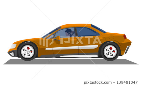 Side view of sedan car brown color with driving man inside. Luxury of car prepare for driving on the road. With shadow on isolated white background. Side view of sedan car brown color with driving man inside. Luxury of car prepare for driving on the road. With shadow on isolated white background. 139481047