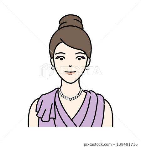 A smiling woman, formally dressed in a purple dress and pearl necklace. A smiling woman, formally dressed in a purple dress and pearl necklace. 139481716